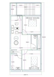 20x30 feet 2BHK house plan (actual size 20x33 feet) featuring two bedrooms, spacious hall, kitchen, toilet, and internal staircase for compact residential plot design.