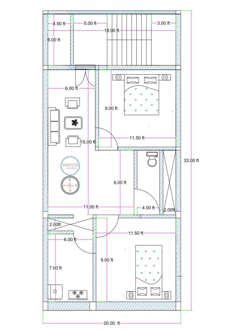 20x30 feet 2BHK house plan (actual size 20x33 feet) featuring two bedrooms, spacious hall, kitchen, toilet, and internal staircase for compact residential plot design.