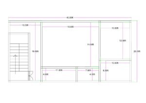 40x20 feet 1BHK house plan with dual entry design featuring hall, bedroom, kitchen, store room, 4x11 ft toilet, and separate staircase access for upper floor.
