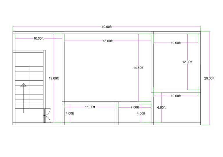 40x20 feet 1BHK house plan with dual entry design featuring hall, bedroom, kitchen, store room, 4x11 ft toilet, and separate staircase access for upper floor.
