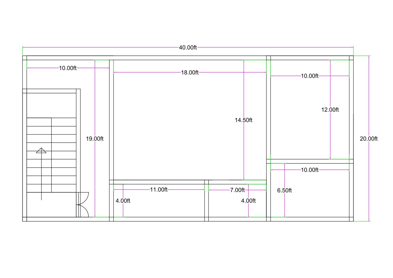 40x20 feet 1BHK house plan with dual entry design featuring hall, bedroom, kitchen, store room, 4x11 ft toilet, and separate staircase access for upper floor.