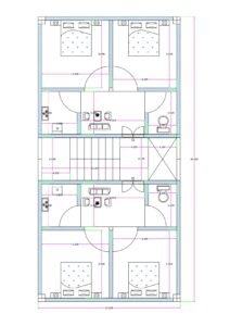 20x40 feet double 2BHK apartment plan featuring two compact flats with central staircase, OTS ventilation shaft, kitchen, toilet, small hall, two bedrooms, and ground floor parking provision.