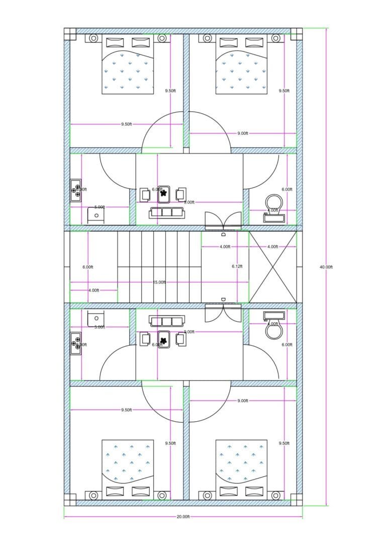 20x40 feet double 2BHK apartment plan featuring two compact flats with central staircase, OTS ventilation shaft, kitchen, toilet, small hall, two bedrooms, and ground floor parking provision.