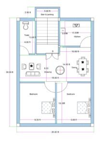 20x40 west facing 2BHK house plan featuring two bedrooms, drawing room, dining hall, kitchen, common toilet, and internal staircase in compact residential layout.