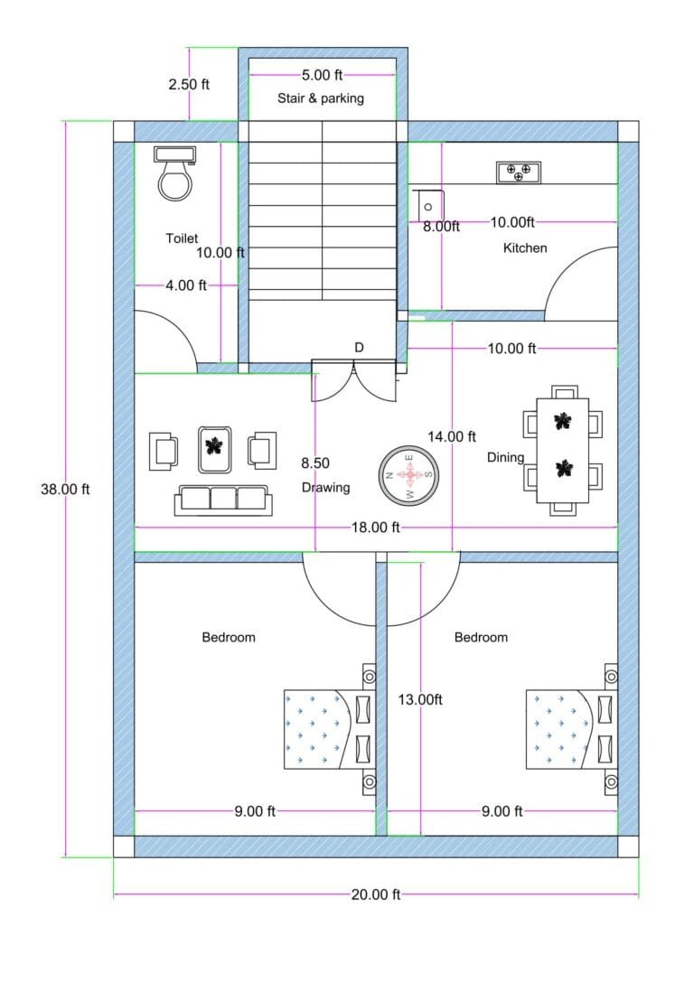 20x40 west facing 2BHK house plan featuring two bedrooms, drawing room, dining hall, kitchen, common toilet, and internal staircase in compact residential layout.