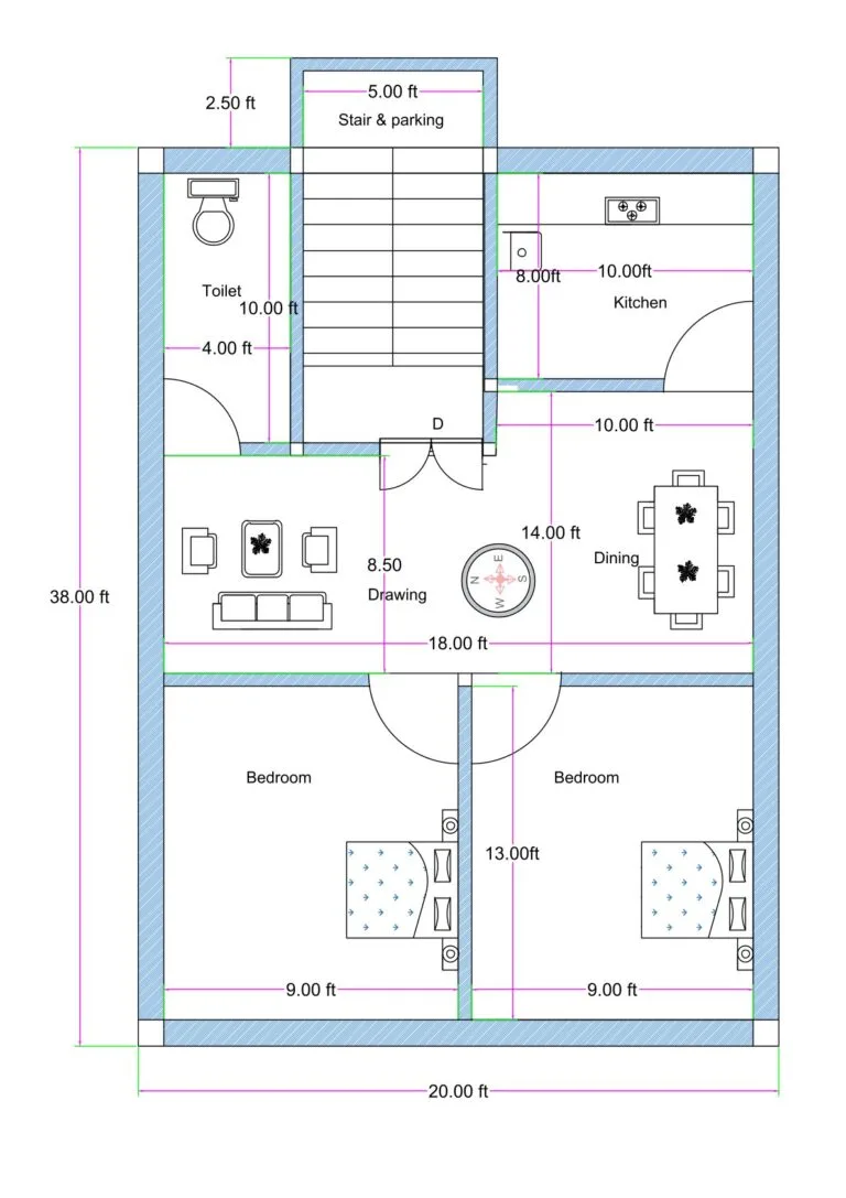 20x40 west facing 2BHK house plan featuring two bedrooms, drawing room, dining hall, kitchen, common toilet, and internal staircase in compact residential layout.