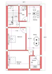 20x45 feet 2BHK house plan featuring staircase, drawing room, dining area, kitchen, common toilet, and two bedrooms in a compact residential layout.