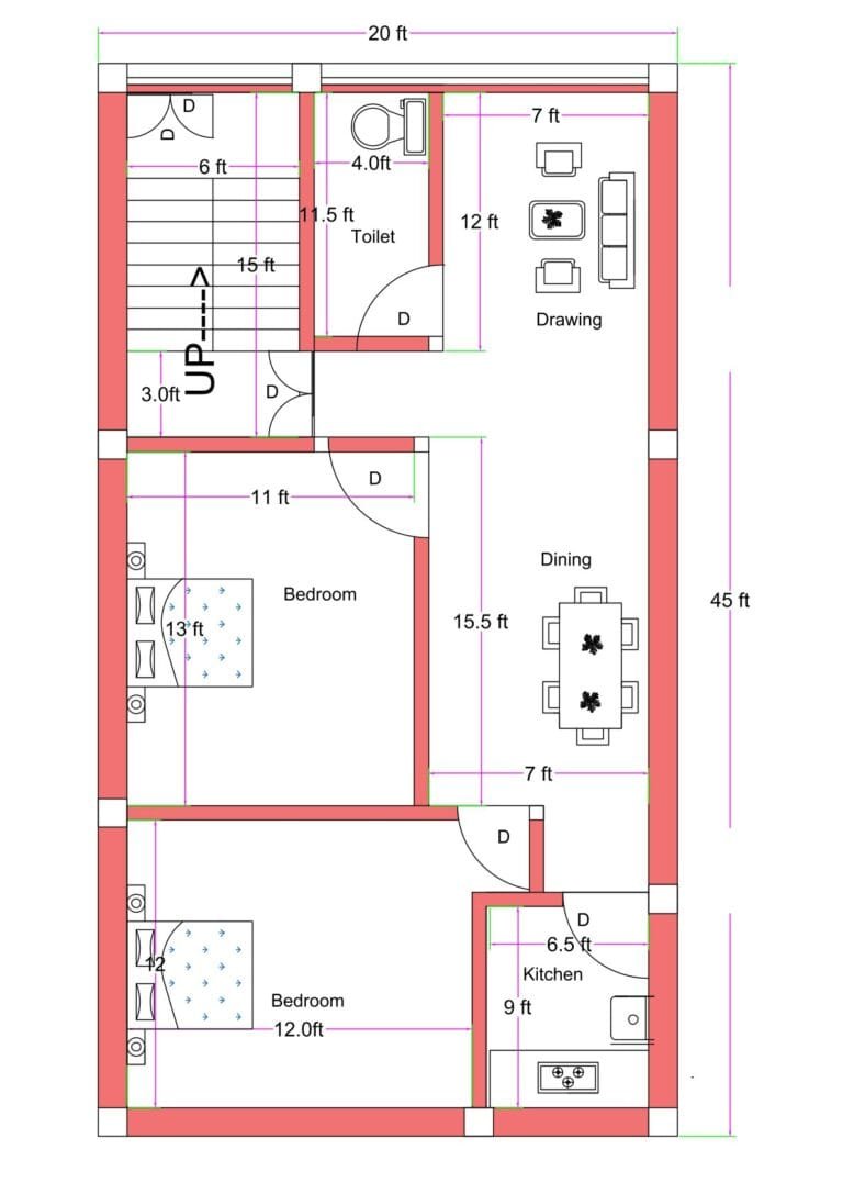 20x45 feet 2BHK house plan featuring staircase, drawing room, dining area, kitchen, common toilet, and two bedrooms in a compact residential layout.