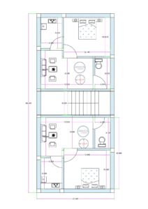 20x45 west facing rental house plan (actual size 20x46.4 feet) featuring ground floor 1BHK with parking and first floor two 2BHK flats in compact narrow plot design.
