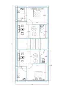 20x45 west facing rental house plan (actual size 20x46.4 feet) featuring ground floor 1BHK with parking and first floor two 2BHK flats in compact narrow plot design.