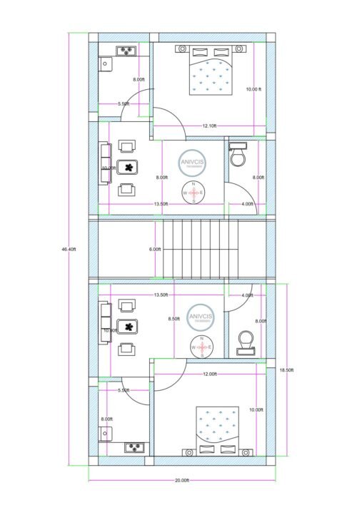 20x45 west facing rental house plan (actual size 20x46.4 feet) featuring ground floor 1BHK with parking and first floor two 2BHK flats in compact narrow plot design.