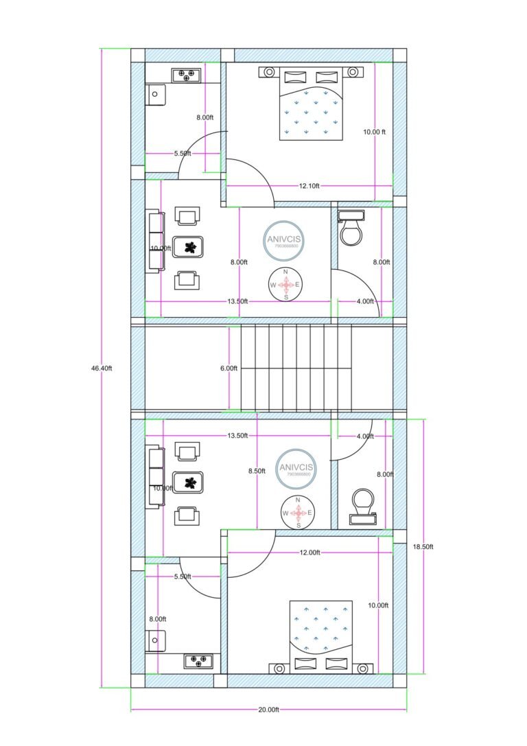 20x45 west facing rental house plan (actual size 20x46.4 feet) featuring ground floor 1BHK with parking and first floor two 2BHK flats in compact narrow plot design.