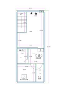 20x50 feet 1BHK house plan with large front parking area, internal staircase, drawing room, kitchen, bedroom, and toilet designed for narrow residential plot.