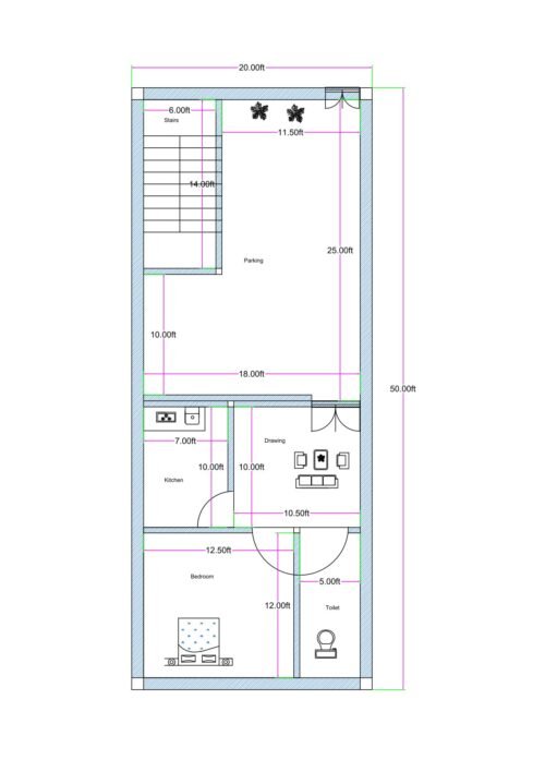 20x50 feet 1BHK house plan with large front parking area, internal staircase, drawing room, kitchen, bedroom, and toilet designed for narrow residential plot.