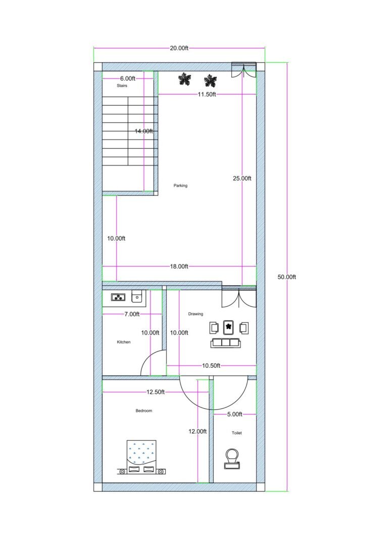 20x50 feet 1BHK house plan with large front parking area, internal staircase, drawing room, kitchen, bedroom, and toilet designed for narrow residential plot.