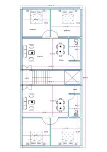 20x50 feet 2BHK house plan with open kitchen concept, two bedrooms, drawing room, dining area, toilet, staircase, and parking provision in compact narrow plot layout.