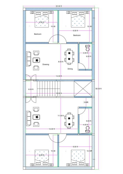 20x50 feet 2BHK house plan with open kitchen concept, two bedrooms, drawing room, dining area, toilet, staircase, and parking provision in compact narrow plot layout.