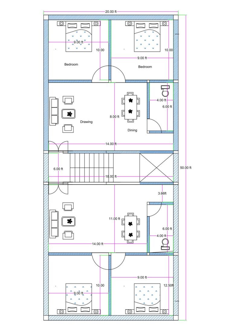20x50 feet 2BHK house plan with open kitchen concept, two bedrooms, drawing room, dining area, toilet, staircase, and parking provision in compact narrow plot layout.