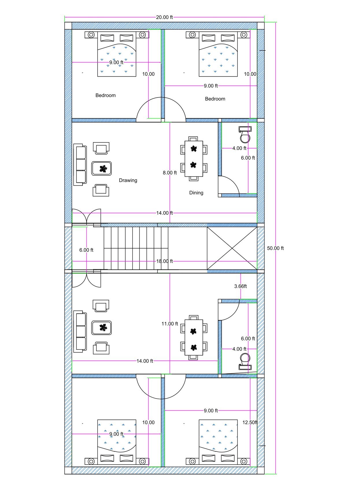 20x50 feet 2BHK house plan with open kitchen concept, two bedrooms, drawing room, dining area, toilet, staircase, and parking provision in compact narrow plot layout.