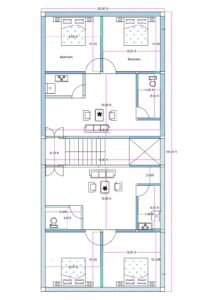 20x50 north facing double 2BHK apartment plan with 4x6 kitchen, toilet, central staircase, OTS ventilation shaft, and ground floor parking provision.