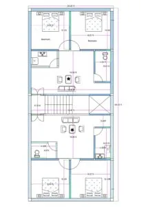 20x50 north facing double 2BHK apartment plan with 4x6 kitchen, toilet, central staircase, OTS ventilation shaft, and ground floor parking provision.