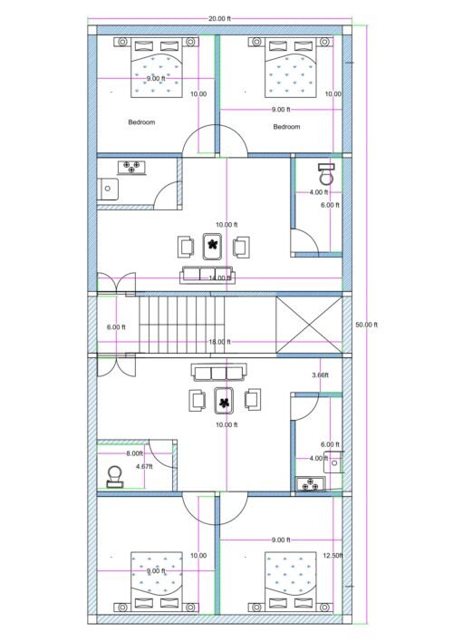 20x50 north facing double 2BHK apartment plan with 4x6 kitchen, toilet, central staircase, OTS ventilation shaft, and ground floor parking provision.
