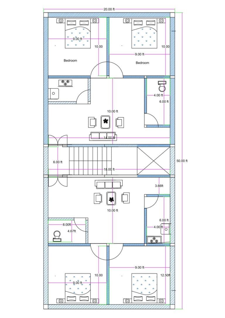 20x50 north facing double 2BHK apartment plan with 4x6 kitchen, toilet, central staircase, OTS ventilation shaft, and ground floor parking provision.