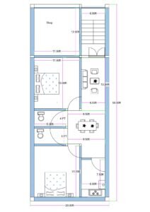 20x50 feet mixed-use building plan with front shop, separate staircase, and 2BHK residential layout including bedrooms, dining, kitchen, and toilets.