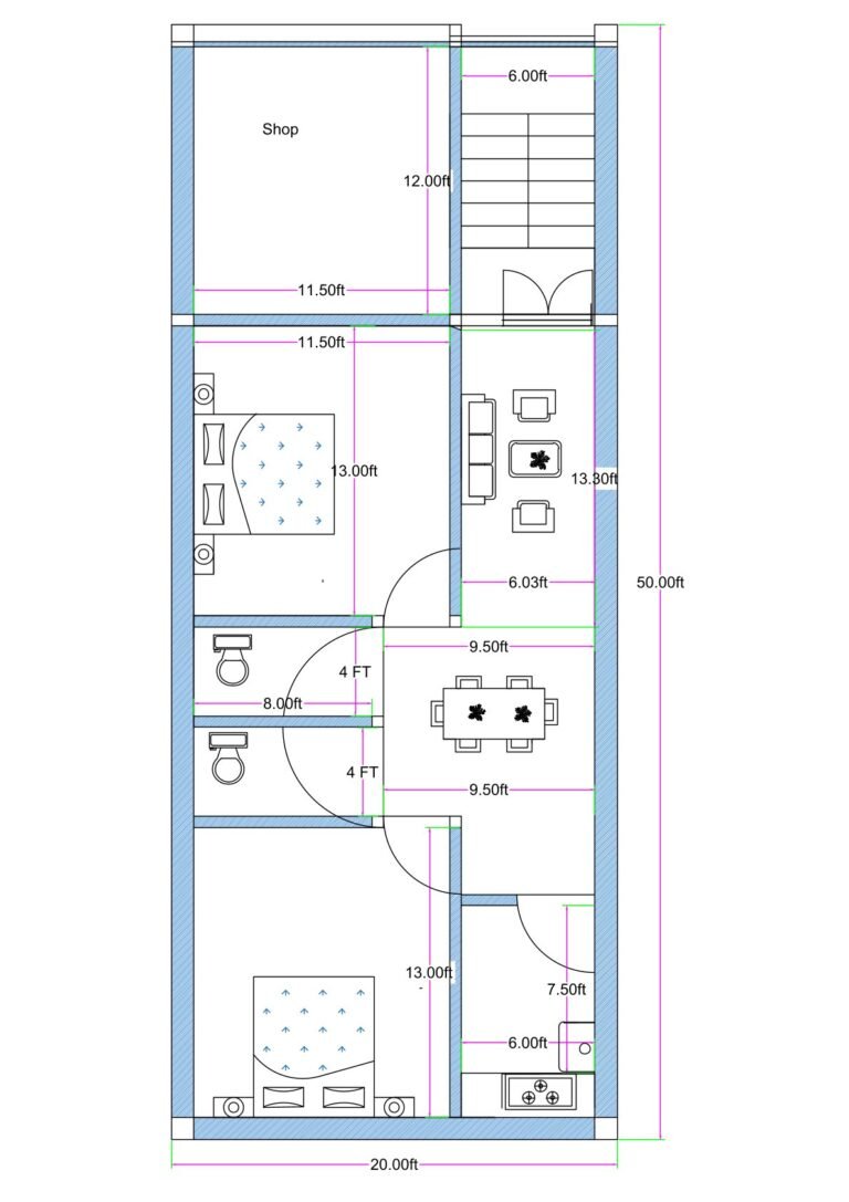 20x50 feet mixed-use building plan with front shop, separate staircase, and 2BHK residential layout including bedrooms, dining, kitchen, and toilets.