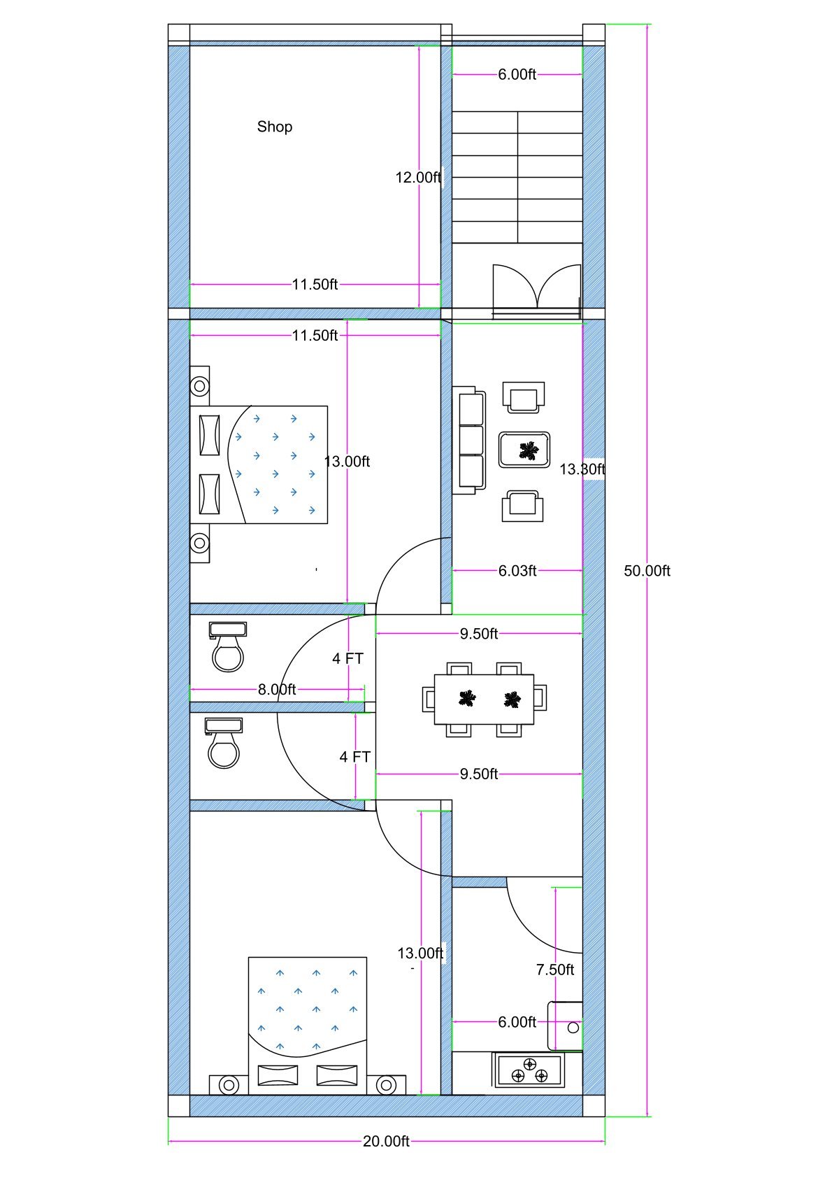 20x50 feet mixed-use building plan with front shop, separate staircase, and 2BHK residential layout including bedrooms, dining, kitchen, and toilets.