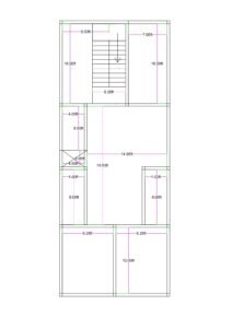 20x50 feet mixed-use building plan with two front shops, central staircase, and 2BHK residential flat featuring kitchen, OTS, two toilets, and two bedrooms.