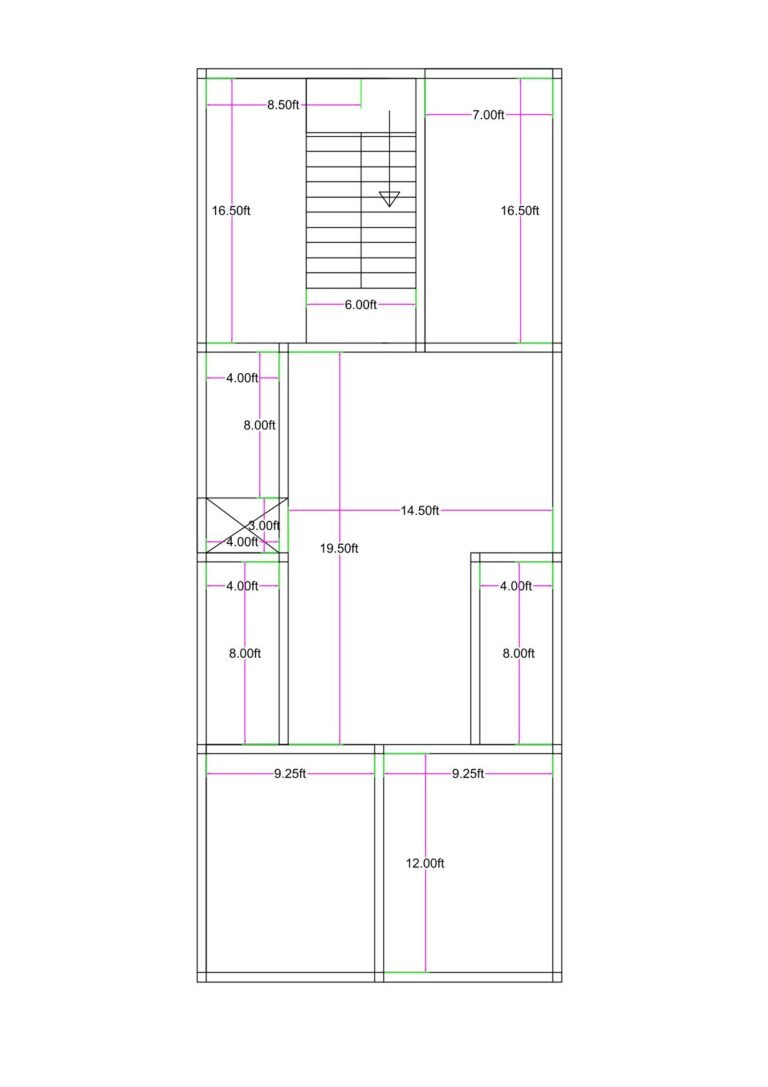 20x50 feet mixed-use building plan with two front shops, central staircase, and 2BHK residential flat featuring kitchen, OTS, two toilets, and two bedrooms.
