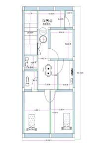 20x50 feet 3BHK house plan with staircase, drawing room, dining area, kitchen, two toilets, and three bedrooms designed for narrow residential plot.
