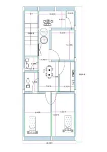 20x50 feet 3BHK house plan with staircase, drawing room, dining area, kitchen, two toilets, and three bedrooms designed for narrow residential plot.
