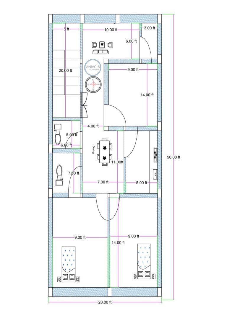 20x50 feet 3BHK house plan with staircase, drawing room, dining area, kitchen, two toilets, and three bedrooms designed for narrow residential plot.