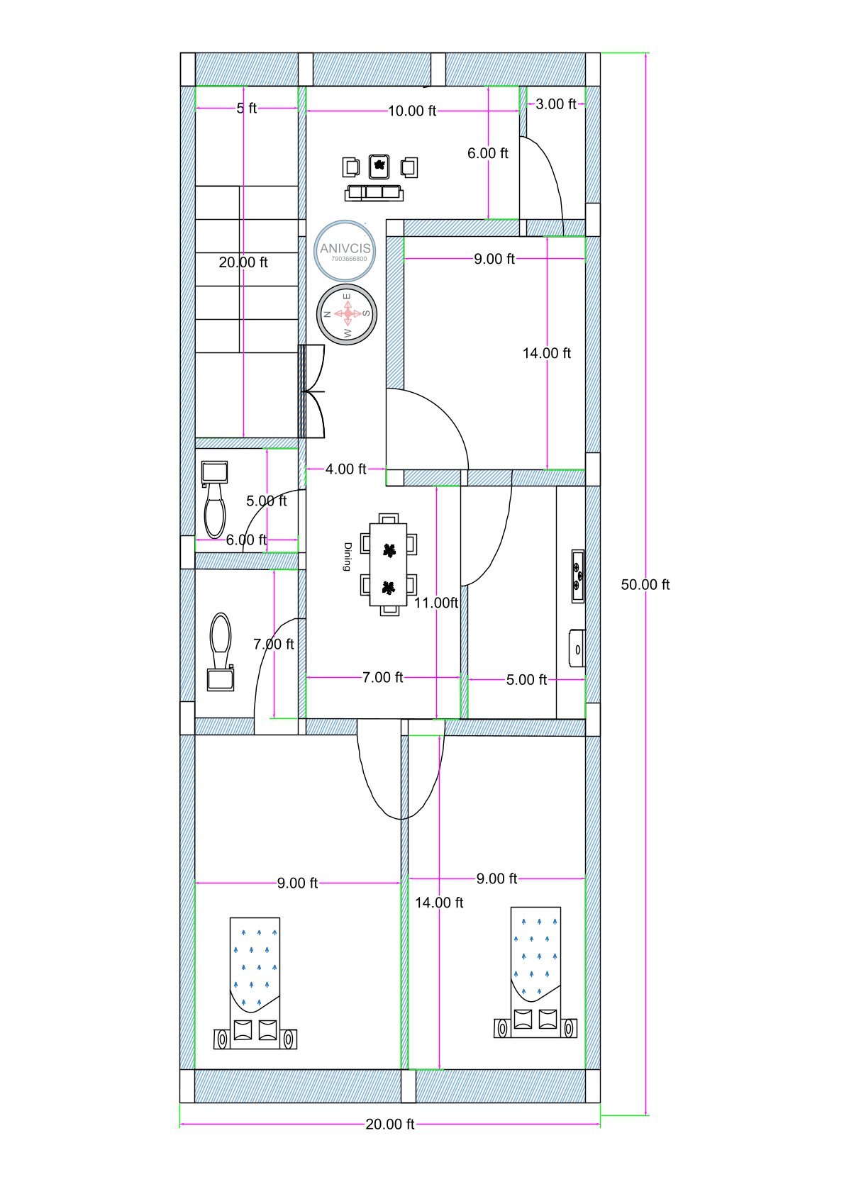 20x50 feet 3BHK house plan with staircase, drawing room, dining area, kitchen, two toilets, and three bedrooms designed for narrow residential plot.
