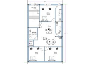 20x52 feet 3BHK house plan with staircase and parking, 7x11 kitchen, puja room, drawing room, dining area, three bedrooms, and two toilets for narrow residential plot.