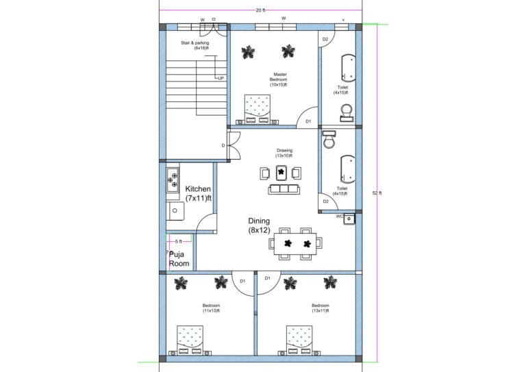 20x52 feet 3BHK house plan with staircase and parking, 7x11 kitchen, puja room, drawing room, dining area, three bedrooms, and two toilets for narrow residential plot.