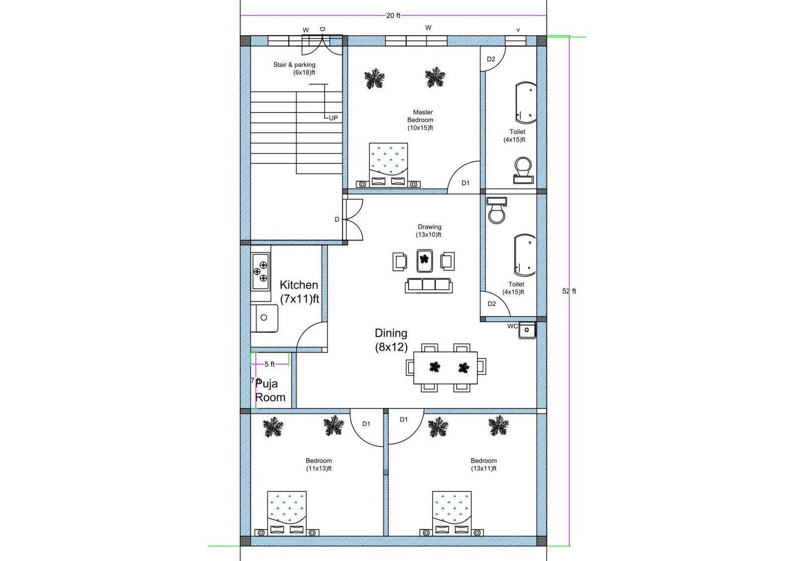 20x52 feet 3BHK house plan with staircase and parking, 7x11 kitchen, puja room, drawing room, dining area, three bedrooms, and two toilets for narrow residential plot.