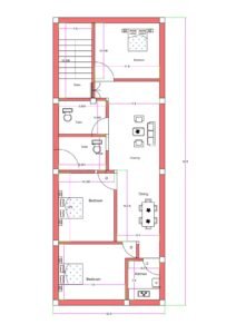 20x54 feet 3BHK house plan with staircase, drawing room, dining area, kitchen, two toilets, and three bedrooms designed for narrow residential plot.