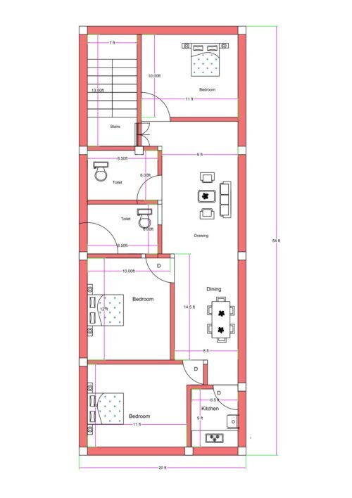 20x54 feet 3BHK house plan with staircase, drawing room, dining area, kitchen, two toilets, and three bedrooms designed for narrow residential plot.