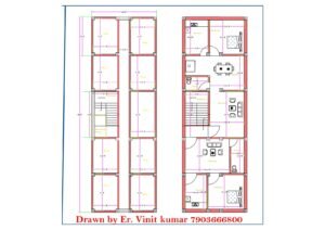 60 feet wide north-facing commercial and residential building plan with multiple shops on ground floor, central passage, staircase, and 1BHK flats on first floor.