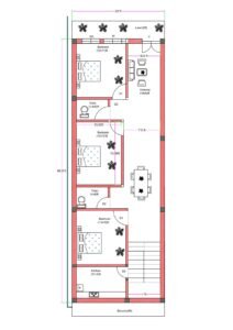 20x60 feet 3BHK house plan with 6 feet front lawn, balcony, staircase, kitchen, drawing room, dining area, three bedrooms, and two toilets for narrow residential plot.