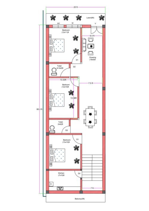 20x60 feet 3BHK house plan with 6 feet front lawn, balcony, staircase, kitchen, drawing room, dining area, three bedrooms, and two toilets for narrow residential plot.