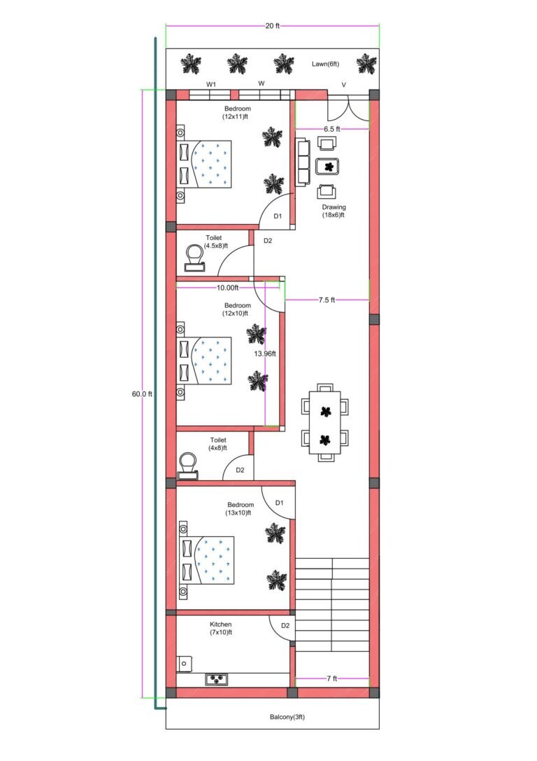 20x60 feet 3BHK house plan with 6 feet front lawn, balcony, staircase, kitchen, drawing room, dining area, three bedrooms, and two toilets for narrow residential plot.
