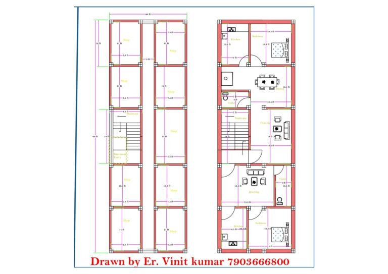 60 feet wide north-facing commercial and residential building plan with multiple shops on ground floor, central passage, staircase, and 1BHK flats on first floor.