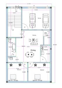 22x48 north facing house plan (actual size 21.50x47.66 ft) with two car parking, staircase, 2 bedrooms, kitchen, puja room, toilet, and dining area.