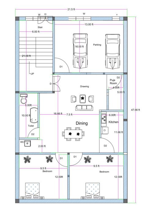 22x48 north facing house plan (actual size 21.50x47.66 ft) with two car parking, staircase, 2 bedrooms, kitchen, puja room, toilet, and dining area.