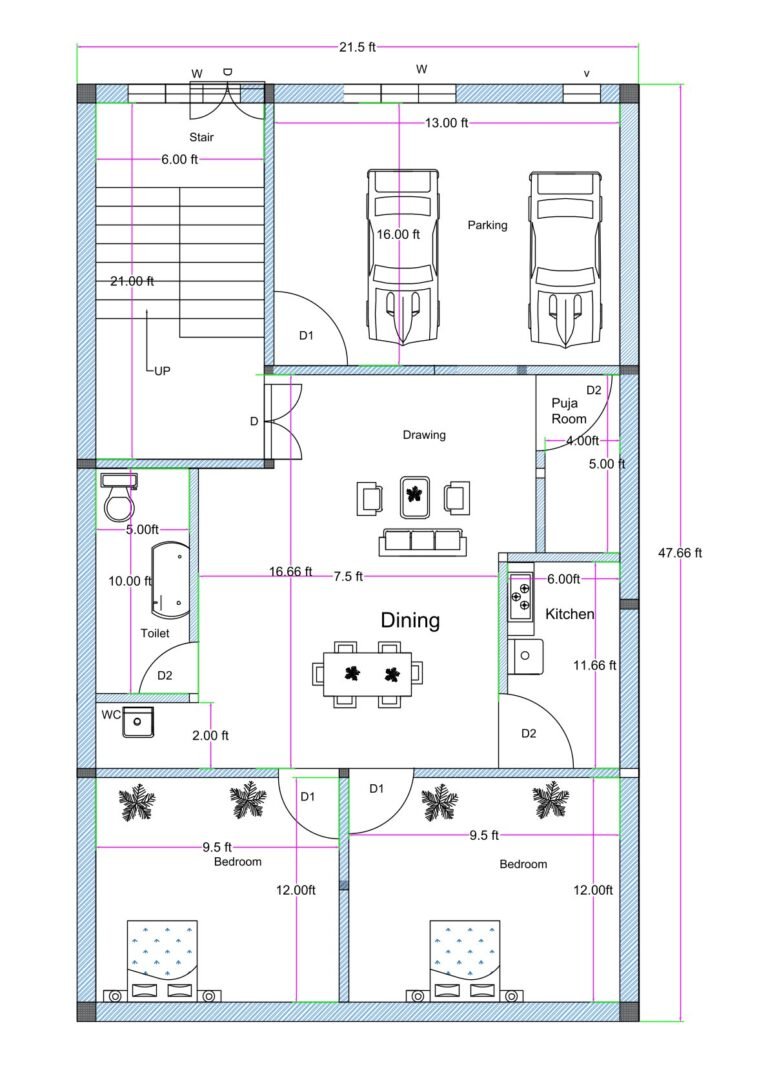 22x48 north facing house plan (actual size 21.50x47.66 ft) with two car parking, staircase, 2 bedrooms, kitchen, puja room, toilet, and dining area.