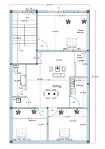 22x48 north facing first floor 3BHK house plan (actual size 21.50x47.66 ft) with master bedroom, two bedrooms, kitchen, puja room, toilet, dining area, and staircase.